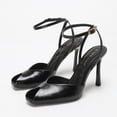 thumbnail image 1 of On feet & in love Women's Square Toe Ankle Strap Stiletto Sandals - Crinkled Patent Finish Dress Heels with Adjustable Buckle,Black, 1 of 6