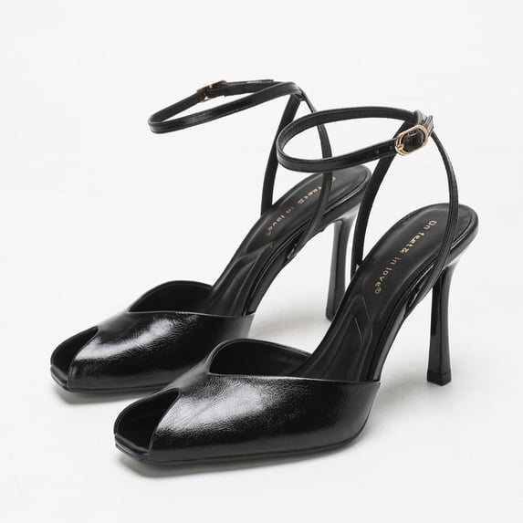 On feet & in love Women's Square Toe Ankle Strap Stiletto Sandals - Crinkled Patent Finish Dress Heels with Adjustable Buckle,Black