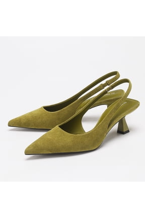 Women's Suede Pointed Toe Slingback Pumps - Geometric Low Heel Slip-On Dress Shoes with Elastic Back Strap,Green,8.5