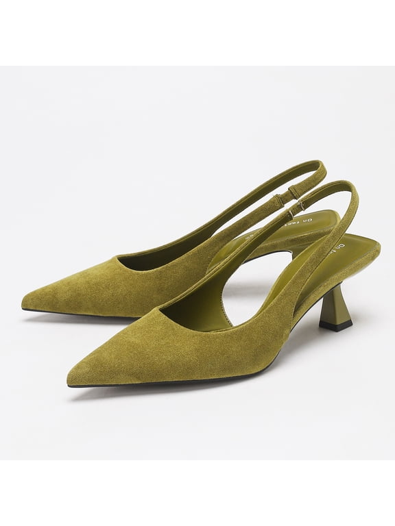 Women's Suede Pointed Toe Slingback Pumps - Geometric Low Heel Slip-On Dress Shoes with Elastic Back Strap,Green,8.5