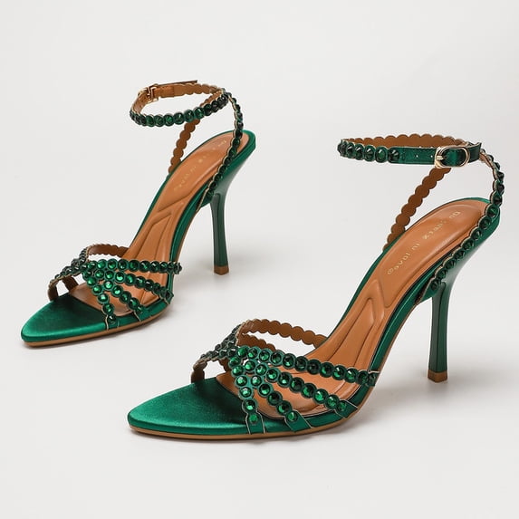 On feet& in love Women's Pointed Toe Satin Stiletto Heels with Rhinestone Strappy Ankle Strap - Green Dress Shoes for Party & Wedding - Size 10