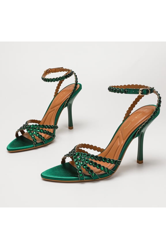[On feet& in love]Women's Satin Strappy Stiletto Sandals - Rhinestone Beaded Ankle Strap Pointed Toe Dress Heels with Adjustable Buckle, Dark Green,11