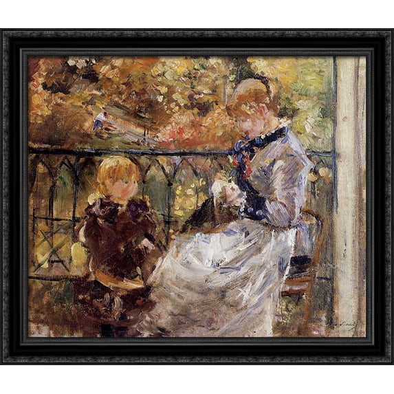 On the Balcony of Eugene Manet's Room at Bougival 34x28 Large Black Ornate Wood Framed Canvas Art by Berthe Morisot