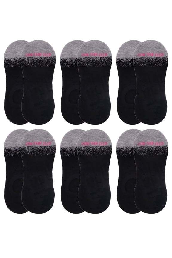 On the Go Women's Invisible Socks (6 Pair Pack, Black with Grey Speckle Toe)