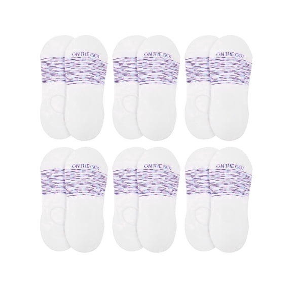 On the Go Women's Invisible Socks (6 Pair Pack, White with Blue and Purple Arches)