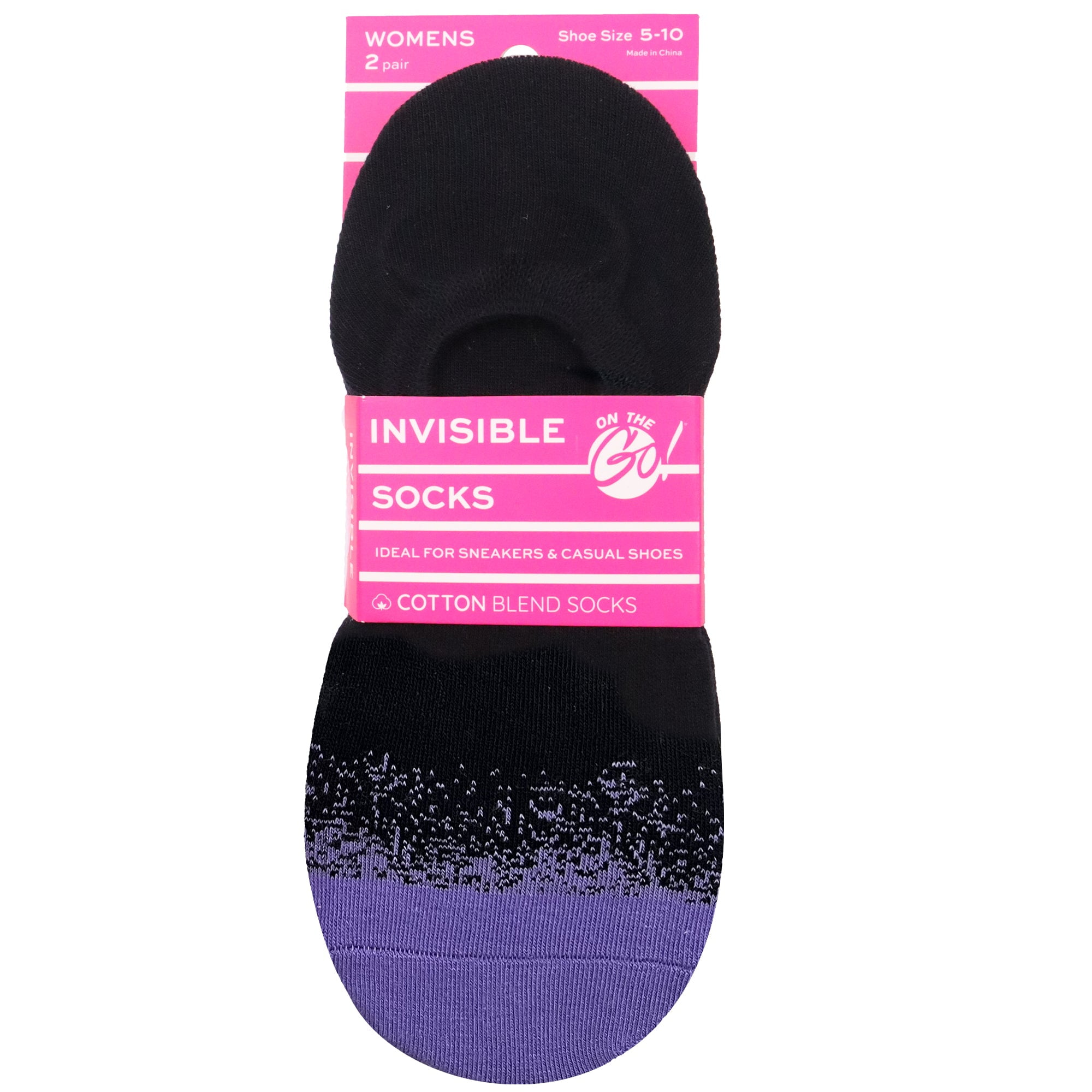 On the Go Women's Invisible Socks (Black Purple Confetti Toe)