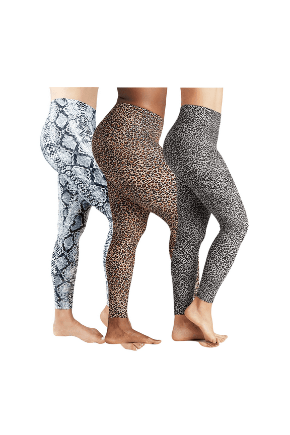 On the Go Women's Supersoft Fashion Leggings Multipack (3 Pair Pack, Brown/Grey Leopard and Snake, Size 3X-5X)