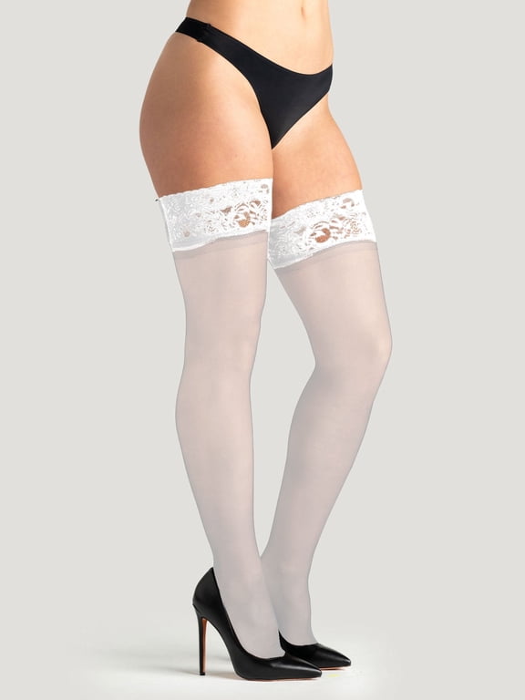 Women's Thigh Highs (1 Pair Pack, White, Size M) - Lace Top Sheer Thigh High Stockings