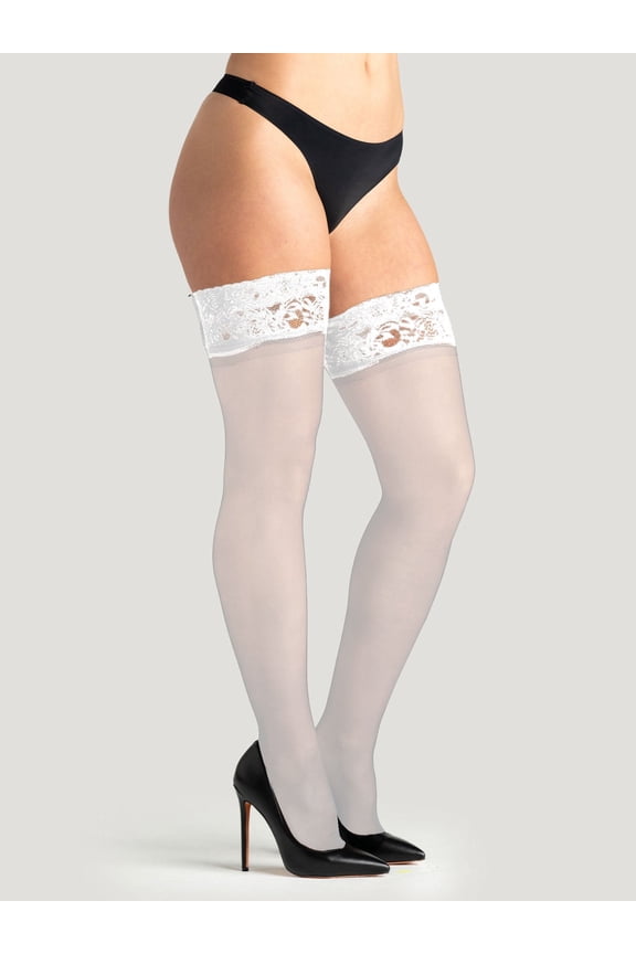 Women's Thigh Highs (1 Pair Pack, White, Size M) - Lace Top Sheer Thigh High Stockings