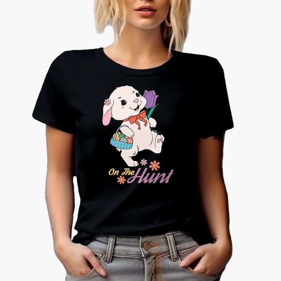 On the Hunt, Bunny Holding a Basket of Easter Eggs Art Favor or Merch Gift, Black T-Shirt, Medium