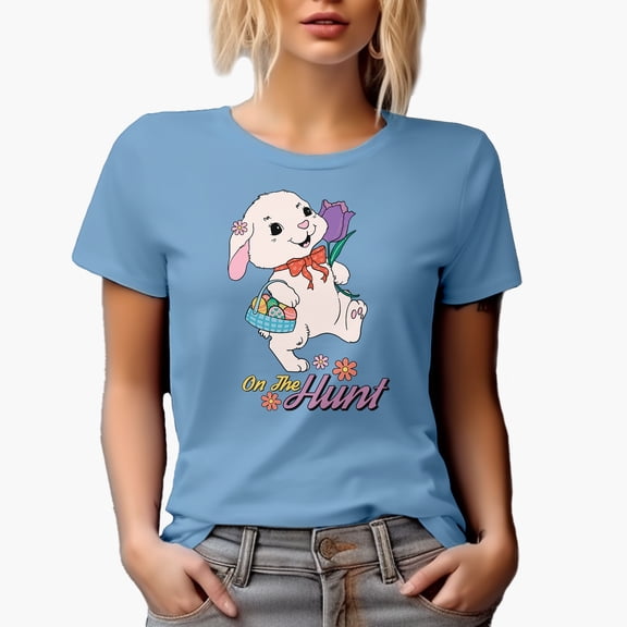 On the Hunt with Bunny Holding a Basket of Easter Eggs Art Favor or Merch Gift, Baby Blue T-Shirt, Small