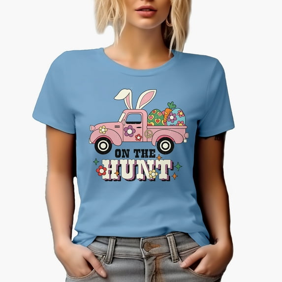 On the Hunt with Retro Easter Eggs in a Pink Bunny Car Art Merch Gift, Baby Blue T-Shirt, Large
