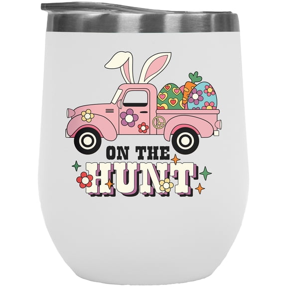 On the Hunt with Retro Easter Eggs in a Pink Bunny Car Art Merch Gift, White 12oz Wine Tumbler
