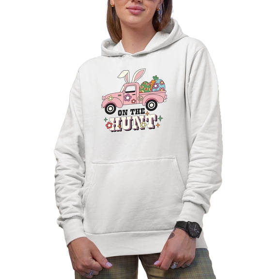 On the Hunt with Retro Easter Eggs in a Pink Bunny Car Art Merch Gift, White Hooded Sweatshirt or Hoodie, Large