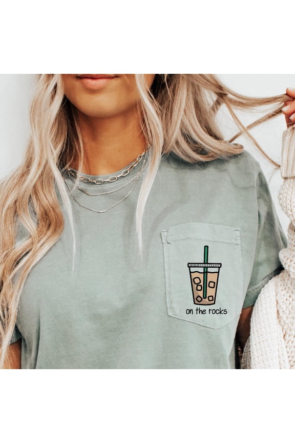 On the Rocks Iced Coffee Shirt Latte Lover Gift Pocket Shirt Trendy Retro Boho Outfit Wome