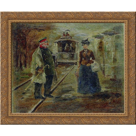 On the platform of the station. Street scene with a receding carriage 24x20 Gold Ornate Wood Framed Canvas Art by Repin, Ilya
