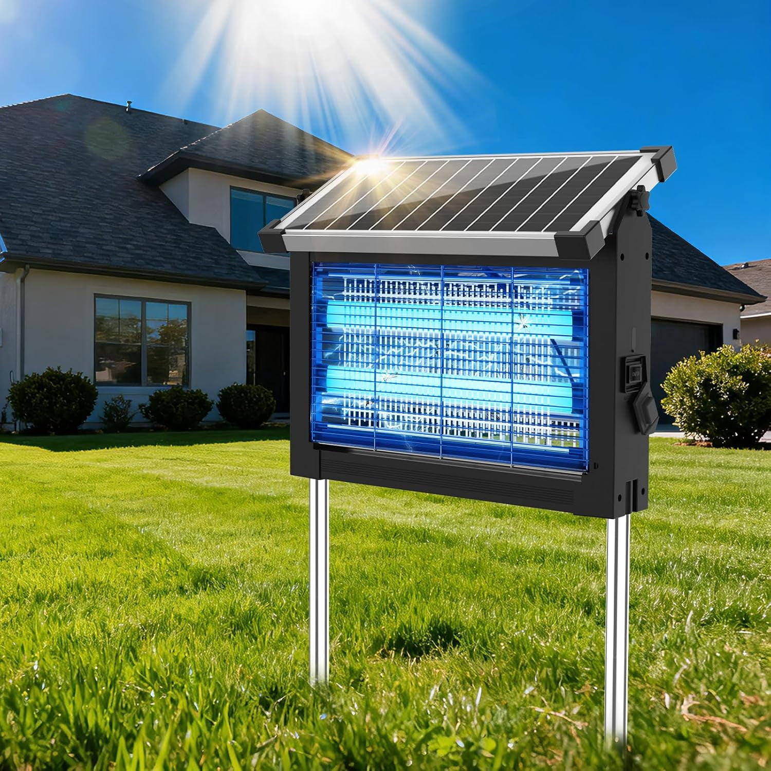 Solar Bug Zapper Outdoor, Mosquito Zapper Waterproof Electric Fly Zapper Rechargeable Mosquito Killer Lamp with 10W Solar Panel, 4500V Cordless Fly Trap for Backyard, Patio, Garden, RV, Camping。