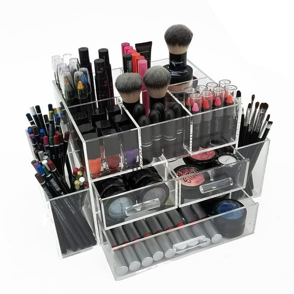 OnDisplay Amara Handmade Tiered Acrylic Makeup Organizer w/ 5 Top Compartments & 3 Drawers | Clear Cosmetic Display for Vanity/Dresser