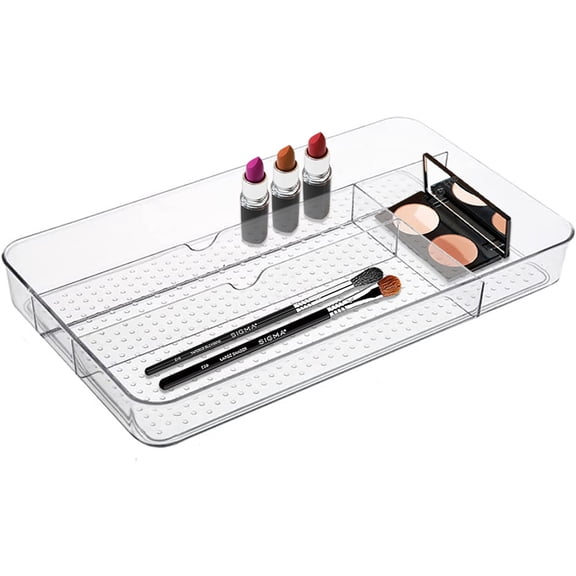 OnDisplay Clear Acrylic Makeup Organizer Tray 4-Compartment Cosmetic Drawer Insert for Vanity, Bathroom, or Desk