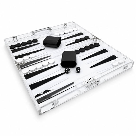 OnDisplay Luxury Acrylic Backgammon Set – Modern Clear Lucite Coffee Table Board Game with Dice & Checkers (Black/White)