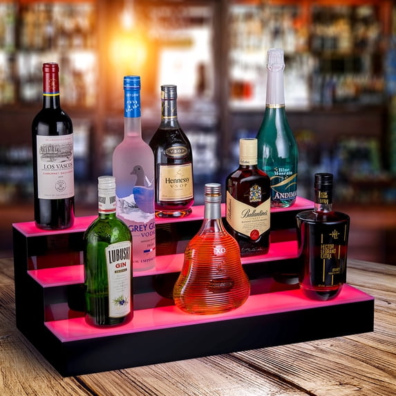 OnDisplay Luxe Acrylic LED Lighted Bar Stage Display - Expandable Glowing Liquor Bottle Shelf (Black, 24")