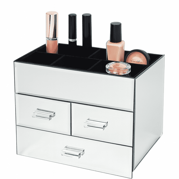 OnDisplay Miro 3 Drawer Mirrored Glass Makeup & Jewelry Organizer – Tiered Vanity Storage Box with Drawers and Velvet Lined Compartments (Silver)