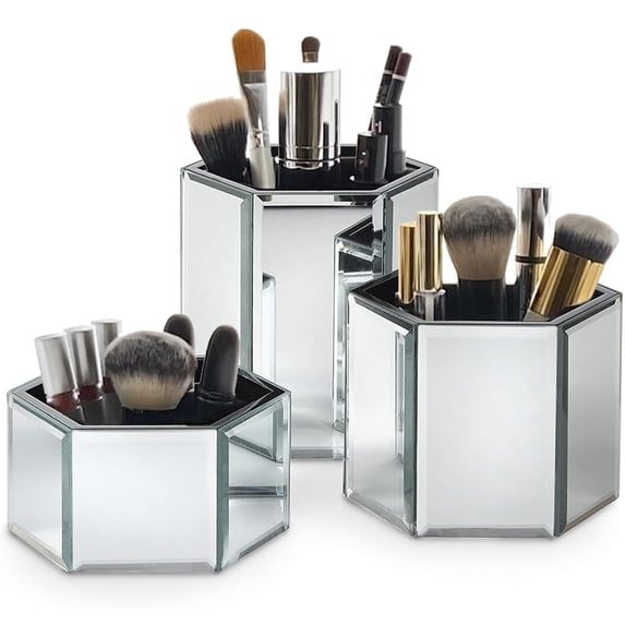 OnDisplay Tressa Set of 3 Hexagon Mirrored Trays for Makeup/Cosmetics, Brushes, Office, Jewelry and Accessories (Silver)