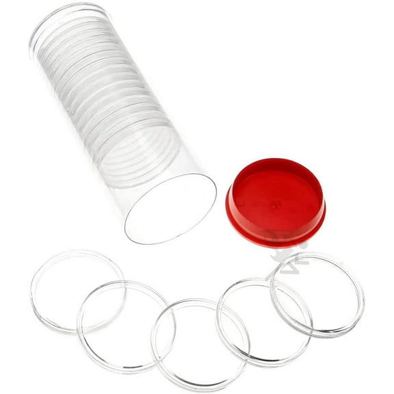 OnFireGuy Coin Capsule Storage Tube & 20 H39 Direct Fit Coin Holders for 1oz Silver Rounds (Red Plug Lid)