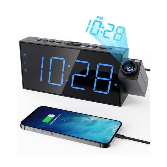 OnLyee Projection Alarm Clock for Bedroom, LED Digital on Ceiling Wall with USB Phone Charging, Battery Backup, 180 Rotatable Projector & Dimmer, 12/24H, DST, Snooze, Dual Loud Bedside Heavy Sleeper