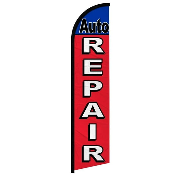 OnPoint Wares| Auto Repair (Red & Blue) Windless Banner Flag | Advertising Flag/Business Flags | 11.5ft x 2.5ft
