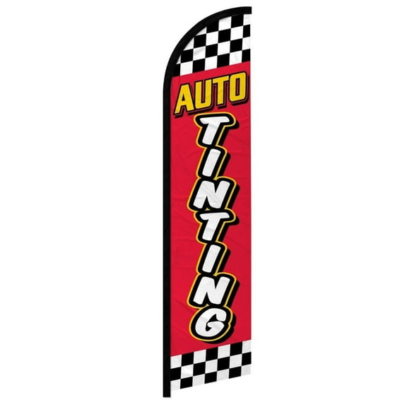 OnPoint Wares| Auto Tinting (Red Checkered) Windless Banner Flag | Advertising Flag/Business Flags | 11.5ft x 2.5ft