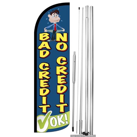 OnPoint Wares | BAD CREDIT NO CREDIT - OK "WINDLESS" Flag |Advertisement /Business Flags | Feather Flag | With Complete 15ft Hybrid Pole Set