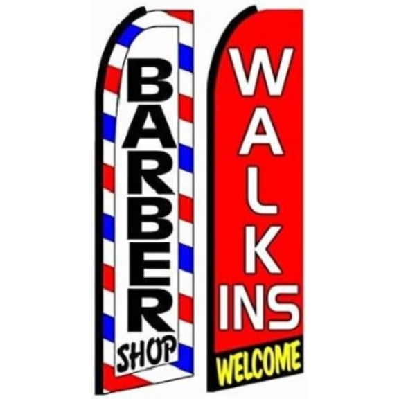 OnPoint Wares Barber shop Walk Ins Welcome King Flags -2 Pack |11.5ft x 3ft Heavy Duty Walkins Welcome Sign Marketing| Weatherproof Polyester Barber Shop Flag Business (Hardware not included)