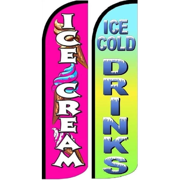 OnPoint Wares Ice Cream Cold Drinks King Sized - Pack of 2 | 3 ft by 11.5 ft Ice Cream Flag for Businesses | Weatherproof Polyester for Cold Drinks Sign | Outdoor - (Hardware Not Included)