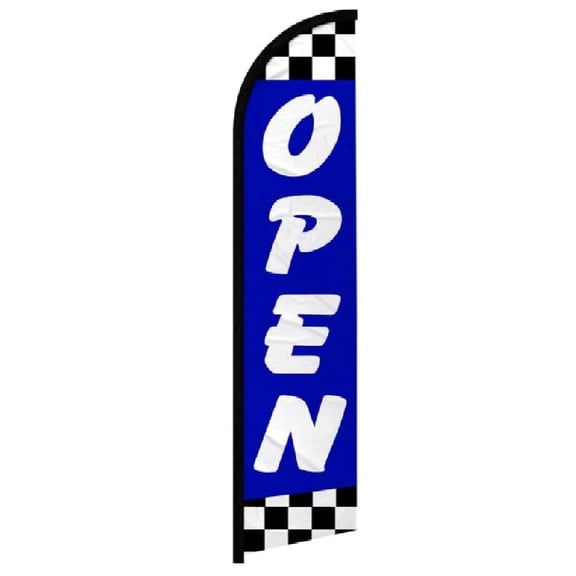 OnPoint Wares| Open (Blue Checkered) Windless Banner Flag | Advertising Flag/Business Flags | 11.5ft x 2.5ft