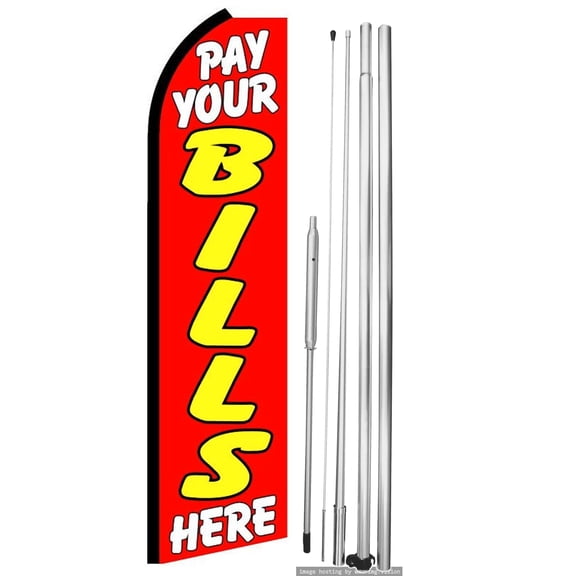 OnPoint Wares |Pay Your Bills Here Swooper flag | Advertisement /Business Flags | Feather Flag | 11.5ft * 3ft | (Hardware Not Included)| With Complete 15ft Hybrid Pole Set