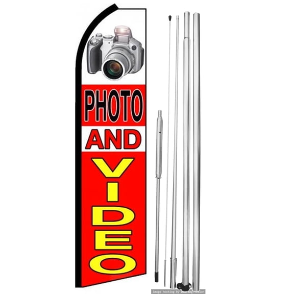 OnPoint Wares| Photo And Video Swooper flag | Advertising Flag/Business Flags | 11.5ft x 3.5ft| With Complete 15ft Hybrid Pole Set