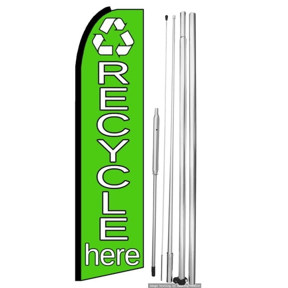 OnPoint Wares| Recycle Here Swooper flag | Advertising Flag/Business Flags | 11.5ft x 3.5ft| With Complete 15ft Hybrid Pole Set