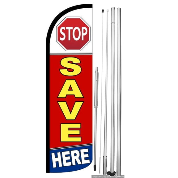 OnPoint Wares | STOP SAVE HERE Windless Flag |Advertisement /Business Flags | Feather Flag | With Complete 15ft Hybrid Pole Set