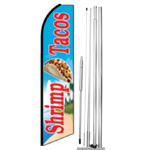OnPoint Wares| Shrimp Tacos Swooper Flag | Advertising Flag/Business Flags | 11.5ft x 3.5ft| With Complete 15ft Hybrid Pole Set