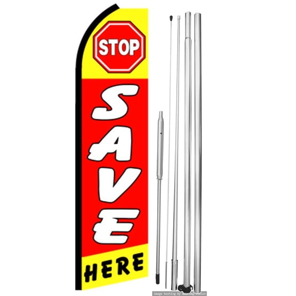 OnPoint Wares| Stop Save Here Swooper Flag | Advertising Flag/Business Flags | 11.5ft x 3.5ft | With Complete 15ft Hybrid Pole Set
