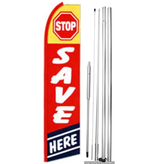 OnPoint Wares| Stop Save Here Swooper Flag | Advertising Flag/Business Flags | 11.5ft x 3.5ft | With Complete 15ft Hybrid Pole Set