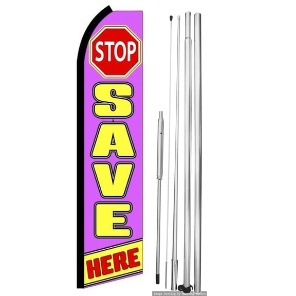 OnPoint Wares| Stop Save Here Swooper Flag | Advertising Flag/Business Flags | 11.5ft x 3.5ft | With Complete 15ft Hybrid Pole Set