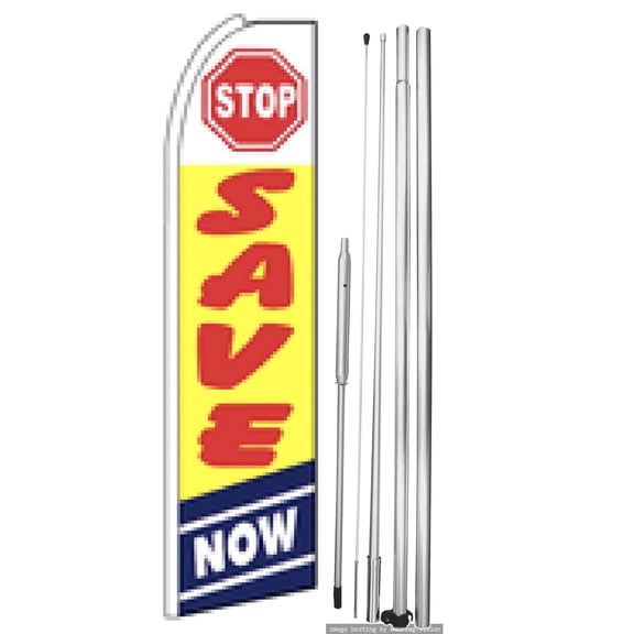 OnPoint Wares| Stop Save Now Swooper Flag | Advertising Flag/Business Flags | 11.5ft x 3.5ft | With Complete 15ft Hybrid Pole Set