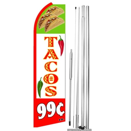 OnPoint Wares| Tacos 99 Cents Swooper Flag | Advertising Flag/Business Flags | 11.5ft x 3.5ft | With Complete 15ft Hybrid Pole Set