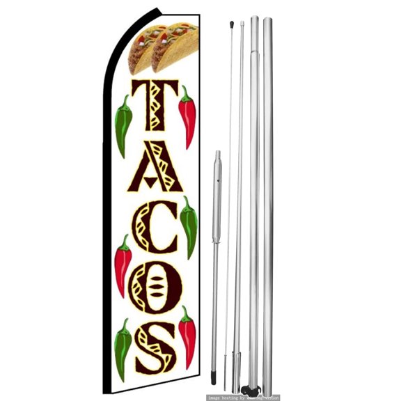 OnPoint Wares| Tacos (WHITE) Swooper Flag | Advertising Flag/Business Flags | 11.5ft x 3.5ft | With Complete 15ft Hybrid Pole Set