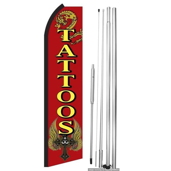 OnPoint Wares| Tattoos Swooper Flag | Advertising Flag/Business Flags | 11.5ft x 3.5ft | With Complete 15ft Hybrid Pole Set