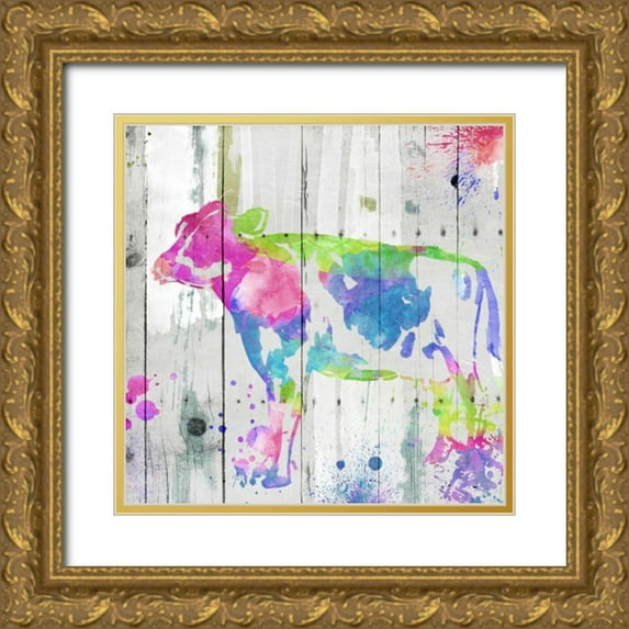 OnRei 12x12 Gold Ornate Wood Framed with Double Matting Museum Art Print Titled - Cow Colorful
