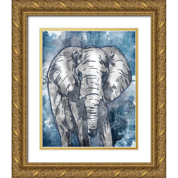 OnRei 12x14 Gold Ornate Wood Framed with Double Matting Museum Art Print Titled - Grey Blue Elephant
