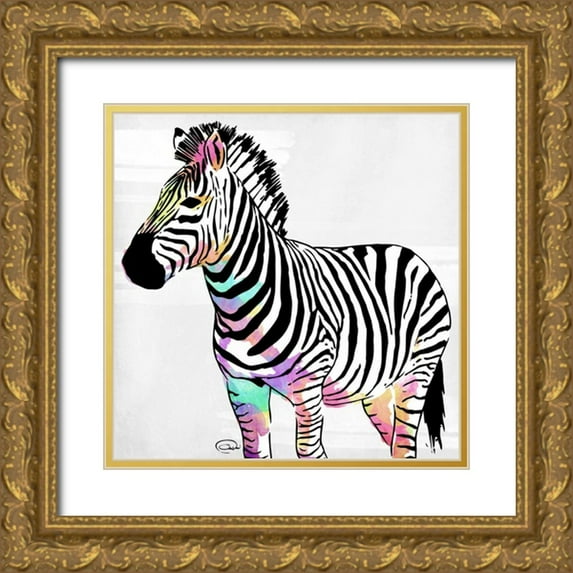 OnRei 15x15 Gold Ornate Wood Framed with Double Matting Museum Art Print Titled - Zebra Head Colorful